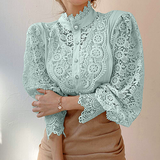 Women Elegant Lace Embroidery Women Shirt Blouse Petal Sleeve Hollow Out Solid Button Stand Collar Plus Size Blouse Women Fashion