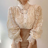 Women Elegant Lace Embroidery Women Shirt Blouse Petal Sleeve Hollow Out Solid Button Stand Collar Plus Size Blouse Women Fashion