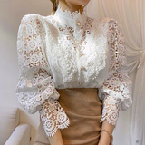 Women Elegant Lace Embroidery Women Shirt Blouse Petal Sleeve Hollow Out Solid Button Stand Collar Plus Size Blouse Women Fashion