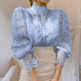 Women Elegant Lace Embroidery Women Shirt Blouse Petal Sleeve Hollow Out Solid Button Stand Collar Plus Size Blouse Women Fashion