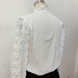 Women Elegant Lace Embroidery Women Shirt Blouse Petal Sleeve Hollow Out Solid Button Stand Collar Plus Size Blouse Women Fashion