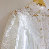 Women Elegant Lace Embroidery Women Shirt Blouse Petal Sleeve Hollow Out Solid Button Stand Collar Plus Size Blouse Women Fashion