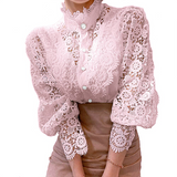 Women Elegant Lace Embroidery Women Shirt Blouse Petal Sleeve Hollow Out Solid Button Stand Collar Plus Size Blouse Women Fashion