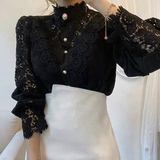 Women Elegant Lace Embroidery Women Shirt Blouse Petal Sleeve Hollow Out Solid Button Stand Collar Plus Size Blouse Women Fashion