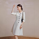 Stylish Early Autumn Three-quarter-sleeve Beige Crew-neck Professional Dress