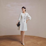 Stylish Early Autumn Three-quarter-sleeve Beige Crew-neck Professional Dress