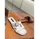 First-layer Cowhide Square-toe Casual Flat Sandals