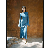 Blue Silk Long Sleeve Long Dress Sun Protection Vacation Style