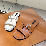 First-layer Cowhide Square-toe Casual Flat Sandals