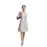 Stylish Early Autumn Three-quarter-sleeve Beige Crew-neck Professional Dress