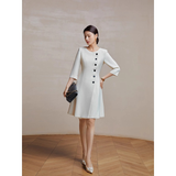 Stylish Early Autumn Three-quarter-sleeve Beige Crew-neck Professional Dress