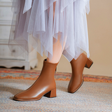 women shoes new square toe thick heel leather short boots women's spring and autumn single boots elastic thin boots mid-tube Martin boots
