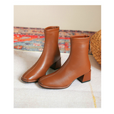 women shoes new square toe thick heel leather short boots women's spring and autumn single boots elastic thin boots mid-tube Martin boots