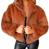 Women's plush short coat with stand-up collar zipper cardigan