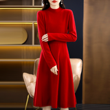 Women cashmere dress Pure Wool Slim Half Turtleneck Women's Mid Length Dress