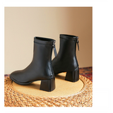 women shoes new square toe thick heel leather short boots women's spring and autumn single boots elastic thin boots mid-tube Martin boots