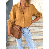 Women shirt Simple Solid Color Roll Sleeve V-Neck Button Lapel Shirt