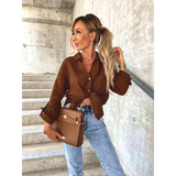 Women shirt Simple Solid Color Roll Sleeve V-Neck Button Lapel Shirt