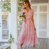 V-neck women boho floral dress summer outdoor sand beach