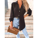 Women shirt Simple Solid Color Roll Sleeve V-Neck Button Lapel Shirt