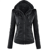 Women's Hooded Zip PU Leather Jacket