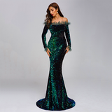 Women off Shoulder Long Sleeve floor length Dress party Dress