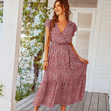 V-neck women boho floral dress summer outdoor sand beach