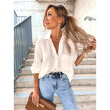 Women shirt Simple Solid Color Roll Sleeve V-Neck Button Lapel Shirt