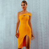 Women Collar Slanted Shoulders Solid Color Temperament Sexy Evening Dress Bandage Dress