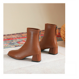 women shoes new square toe thick heel leather short boots women's spring and autumn single boots elastic thin boots mid-tube Martin boots