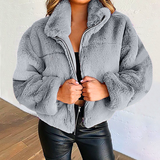Women's plush short coat with stand-up collar zipper cardigan