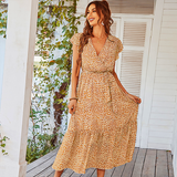 V-neck women boho floral dress summer outdoor sand beach
