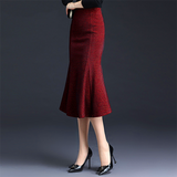 women Hip skirt Autumn winter fishtail skirt New skirt appears thin mid-length bag skirt red plaid long skirt female Ou Han wool high waist