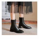 women shoes new square toe thick heel leather short boots women's spring and autumn single boots elastic thin boots mid-tube Martin boots