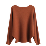 Women warm knitted top, small bat sleeves, loose autumn thin pullover, solid color, simple temperament, one word neck sweater