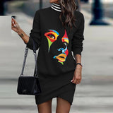 Women dress  New Long Sleeve High Collar Printed Dress