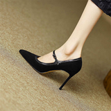 Temperament new high heels women's stilettos genuine leather one-word buckle pointed shallow mouth single shoes