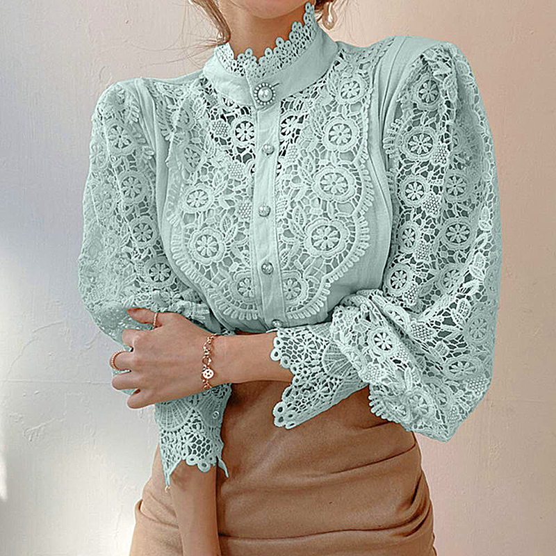 Women Elegant Lace Embroidery Women Shirt Blouse Petal Sleeve Hollow Out Solid Button Stand Collar Plus Size Blouse Women Fashion 2023