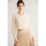 Women Silk Blouses Round Collar Chic Shirts Autumn Office Lady Top Off White