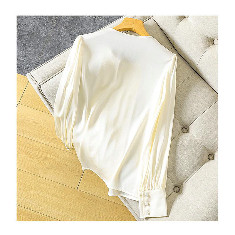 Women Silk Blouses Round Collar Chic Shirts 2023 Autumn Office Lady Top Off White