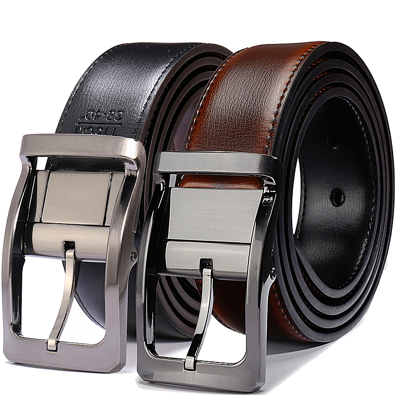 Men Genuine Leather Reversible Belt Rotated Buckle Two In One Big And Tall