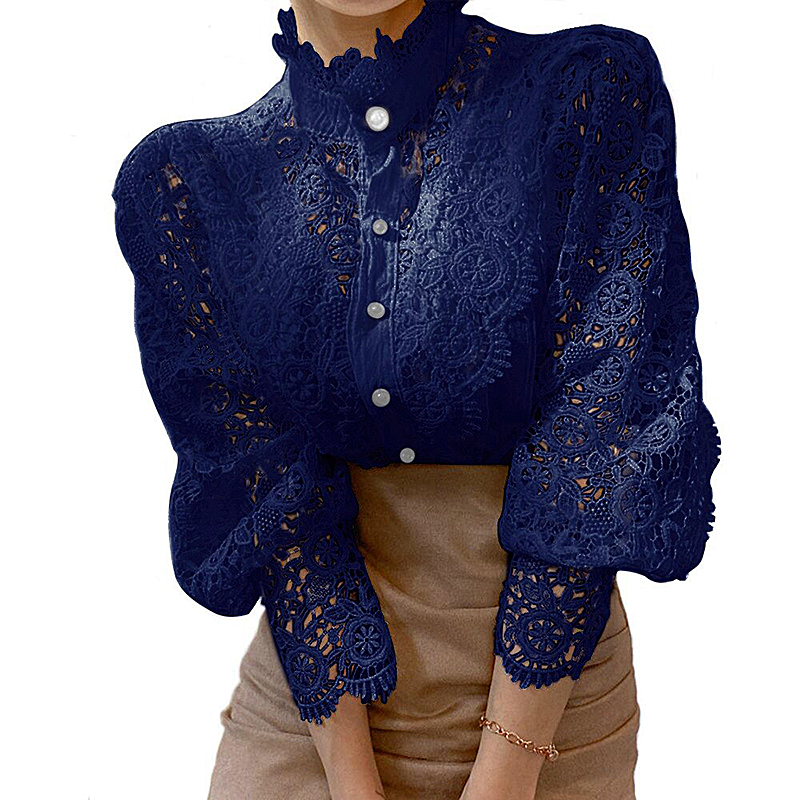 Women Elegant Lace Embroidery Women Shirt Blouse Petal Sleeve Hollow Out Solid Button Stand Collar Plus Size Blouse Women Fashion 2023