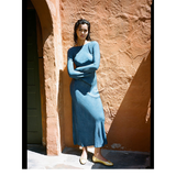Blue Silk Long Sleeve Long Dress Sun Protection Vacation Style