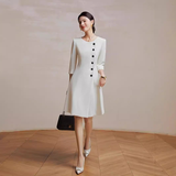 Stylish Early Autumn Three-quarter-sleeve Beige Crew-neck Professional Dress