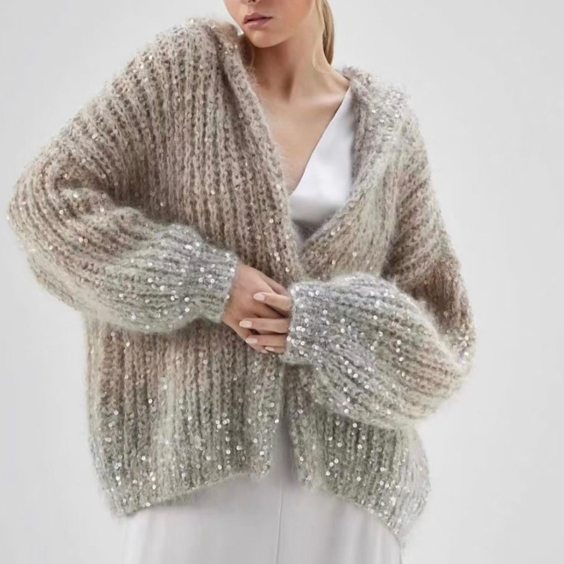 Hooded Puff-Sleeve Sequin Cardigan