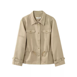 Stylish Minimalist Solid-color Short Trench Coat With A Lapel And Drawstring