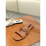 First-layer Cowhide Square-toe Casual Flat Sandals