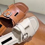 First-layer Cowhide Square-toe Casual Flat Sandals