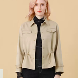 Stylish Minimalist Solid-color Short Trench Coat With A Lapel And Drawstring
