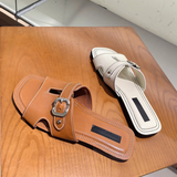 First-layer Cowhide Square-toe Casual Flat Sandals